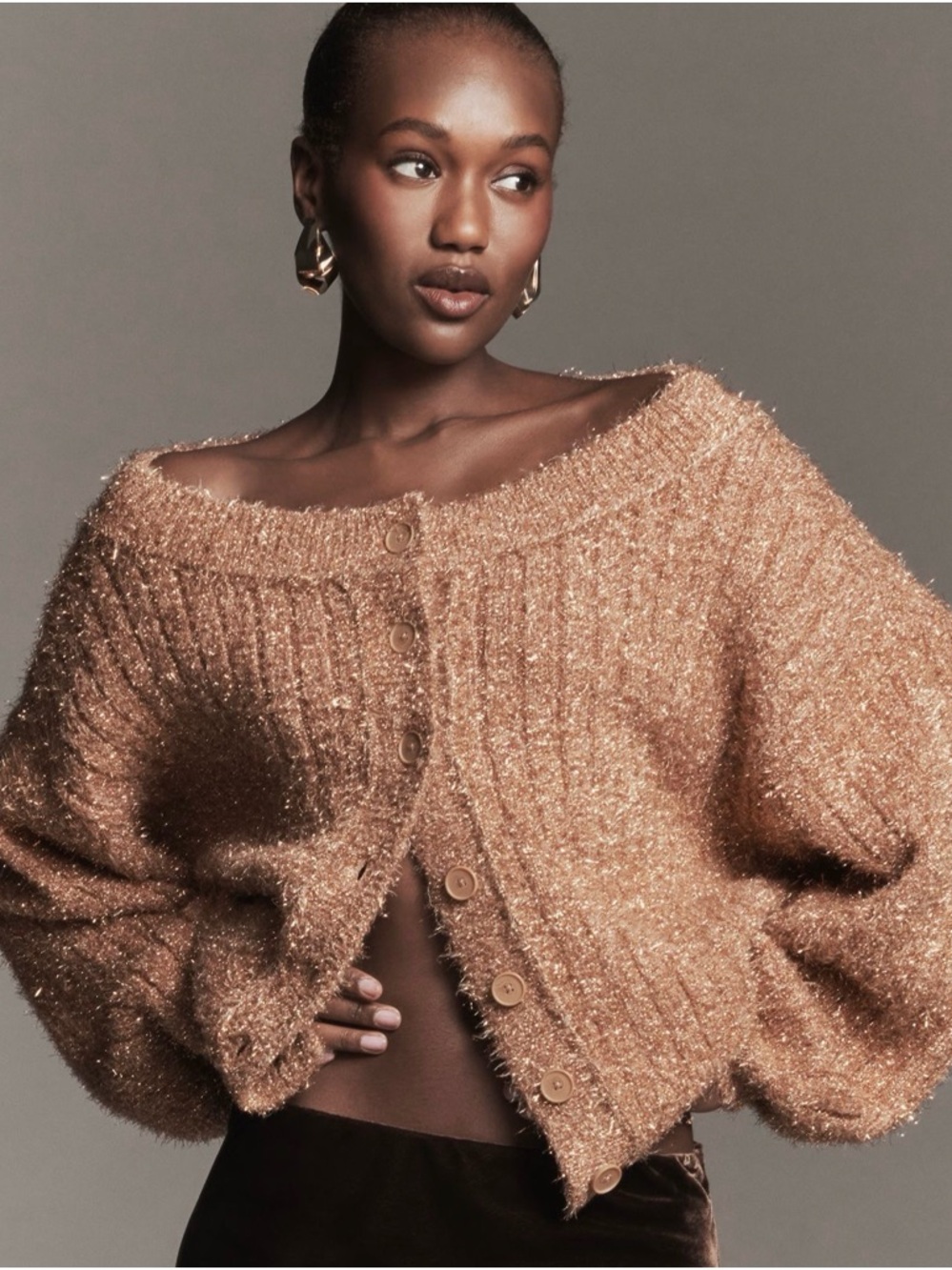 Anthropologie Shimmery Copper-Tone Button Front Fuzzy Cardigan